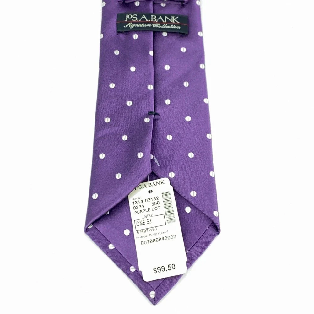 JOS A BANK Signature Collection Purple White Polka Dots Silk Hand Made Necktie